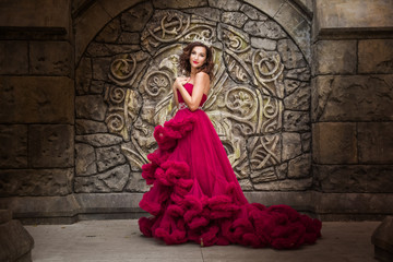 Fototapeta na wymiar A beautiful woman, a queen in a red luxurious dress, stands on the background of a medieval, Gothic emblem with an arch, silver caron with crystals. The Princess at the Castle
