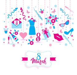 8 March vector card of icons.