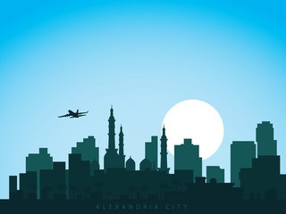 Naklejka premium vector background design city skyline of alexandria egypt with airplane flying above the city and sun rise