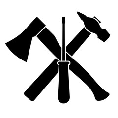 Axe, screwdriver and hammer on a white background