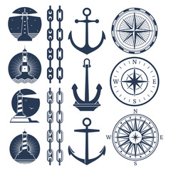 Nautical logos and elements set - compass lighthouses anchor chains © MicroOne
