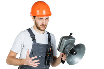 A man builder says through a megaphone. isolated on white background.