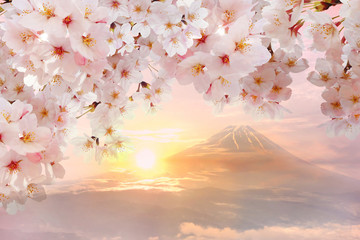 Sakura, le mont Fuji et le soleil couchant