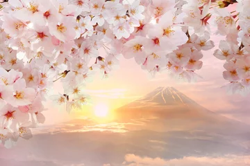 Keuken foto achterwand Kersenbloesem Sakura, Mount Fuji en de ondergaande zon