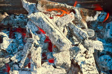  Charcoal and ash after burning wood. Ash and wood ash