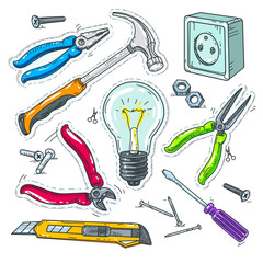 colourful set of carpentry tools, light bulb, socket and hammer