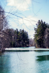 spring landscape, melting ice on a forest lake, clear water