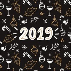 2019 handwritten year number. New year card with Christmas dark pattern