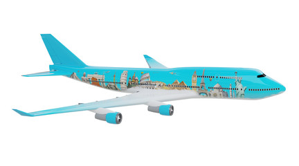 Plane with famous landmarks of the world 3D rendering
