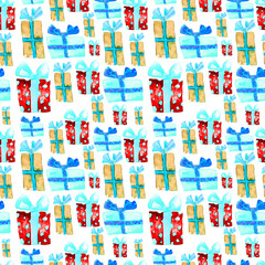 Fototapeta na wymiar Seamless Pattern with Hand Drawn Watercolor Gifts with Bow. Christmas Background. Party or Birthday Design. Repeatable New Year Pattern. Can be used For Textile Print, Packaging, Wallpaper, Wrapper.