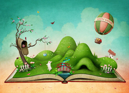Fantasy spring illustration for Easter holiday greeting card or  poster   with  green landscape on the book . 