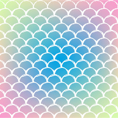 Fish scale on trendy gradient background. Square backdrop with fish scale ornament. Bright color transitions. Mermaid tail banner and invitation. Underwater and sea pattern. Blue, yellow, pink colors.