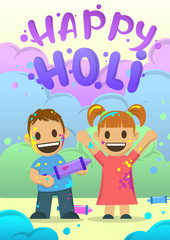 Poster for the festival of colors Holi in flat style. Happy boy and girl throw paint. Vector illustration.