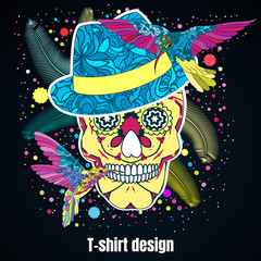 Embroidery colorful simplified ethnic featherl and skull pattern . Vector  traditional folk bone ornament on black background for design. boho chic