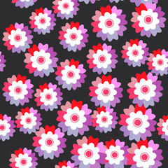 seamless pattern bright pink purple flowers cornflower, violet, pansy on black background. Vector