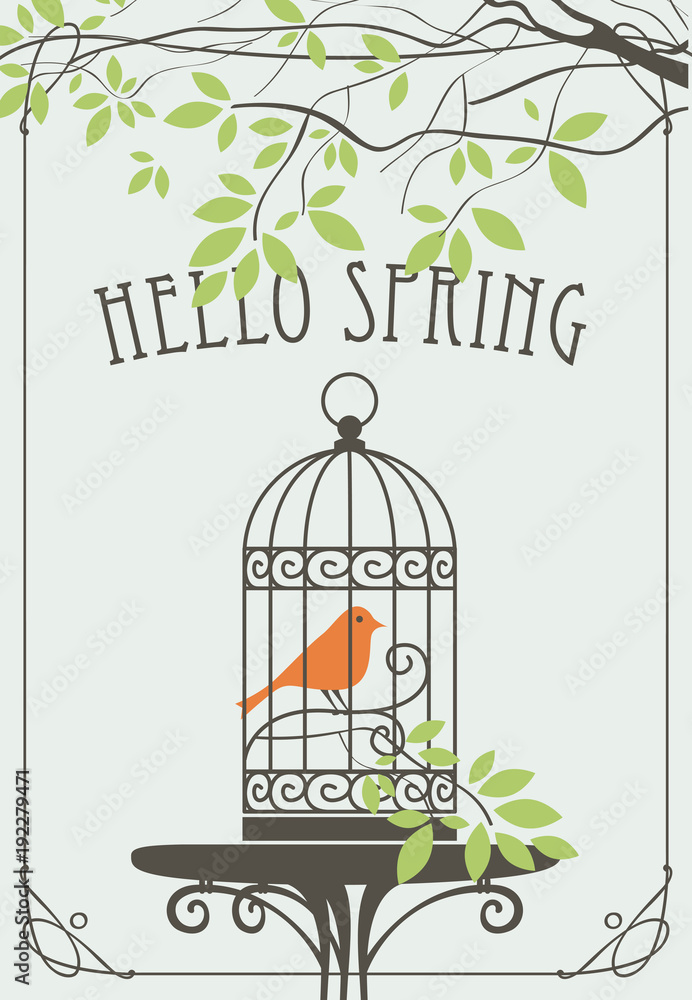 Poster vector banner with lettering hello spring. spring landscape with the bird is in the cage on the tabl