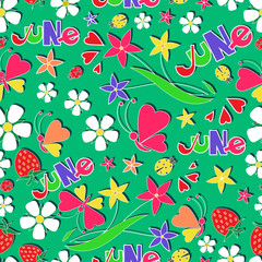 JUNE. Summer composition.  Seamless pattern. Design for children's textiles, gift wrapping. Flat style.