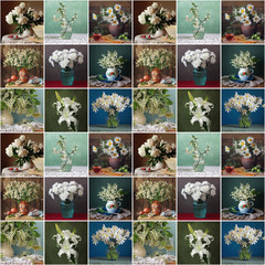 Seamless pattern with white flowers in a vase. Bouquets.