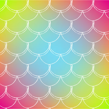 Squama on trendy gradient background. Square backdrop with squama ornament. Bright color transitions. Mermaid tail banner and invitation. Underwater and sea pattern. Rainbow colors.