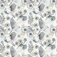 Pattern with birds and flowers