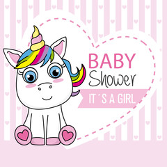 Baby shower card. It's a girl. Unicorn with pink hearts background