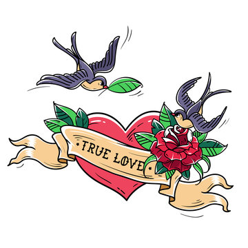 Tattoo Swallows fly over red heart and rose. True Love concept. Symbol of mutual love, happiness, hope.