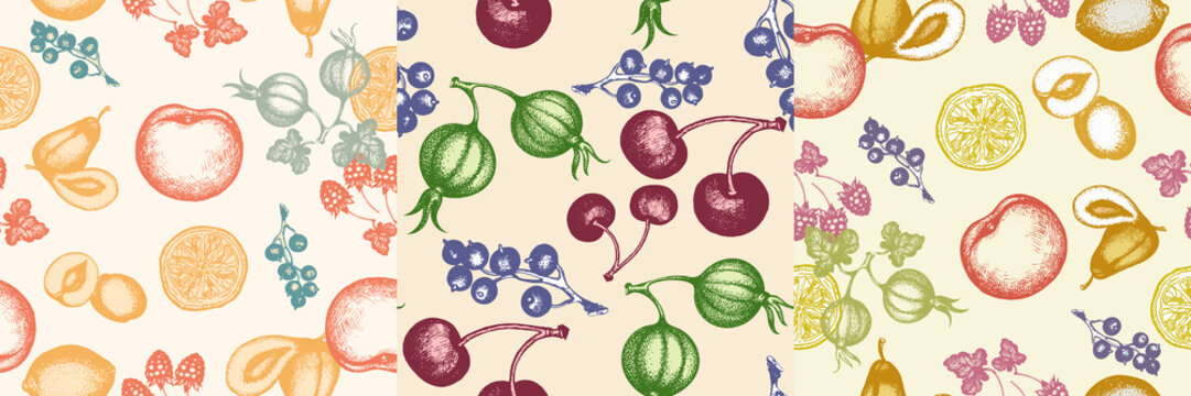 Three fruits seamless pattern apricot cherry pear apples black currant gooseberries raspberries hand drawn vector