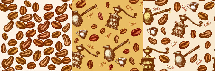 Three coffee retro vintage seamless pattern coffee grinder, coffee maker vintage background hand drawn ink vector