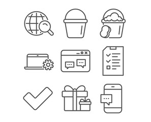 Set of Browser window, Sponge and Internet search icons. Bucket, Surprise package and Notebook service signs. Interview, Tick and Smartphone message symbols. Website chat, Cleaner bucket, Web finder