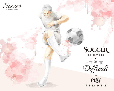 Watercolor soccer player, young man kicking a ball in elegant splash paint brush stroke style