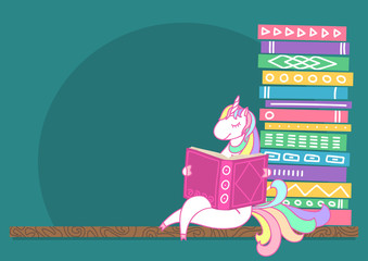 Obraz premium Unicorn reading book on bookshelf. Different color books with hand drawn ornament on shelf on teal background with place for your text. Stack of books. Vector illustration.