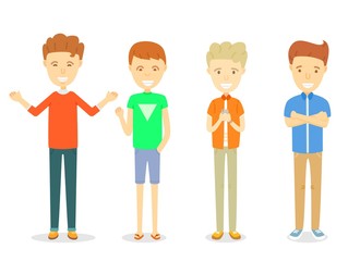 Set of men character standing in casual ware, Collection of Happy guy character smiling, Young men standing in different posture, Set of young men in different clothes, Cartoon character illustration