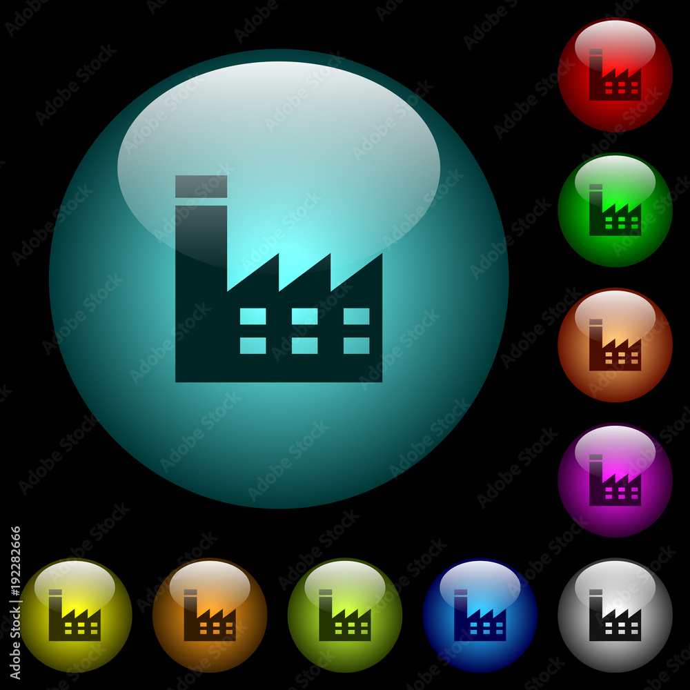 Poster factory building icons in color illuminated glass buttons