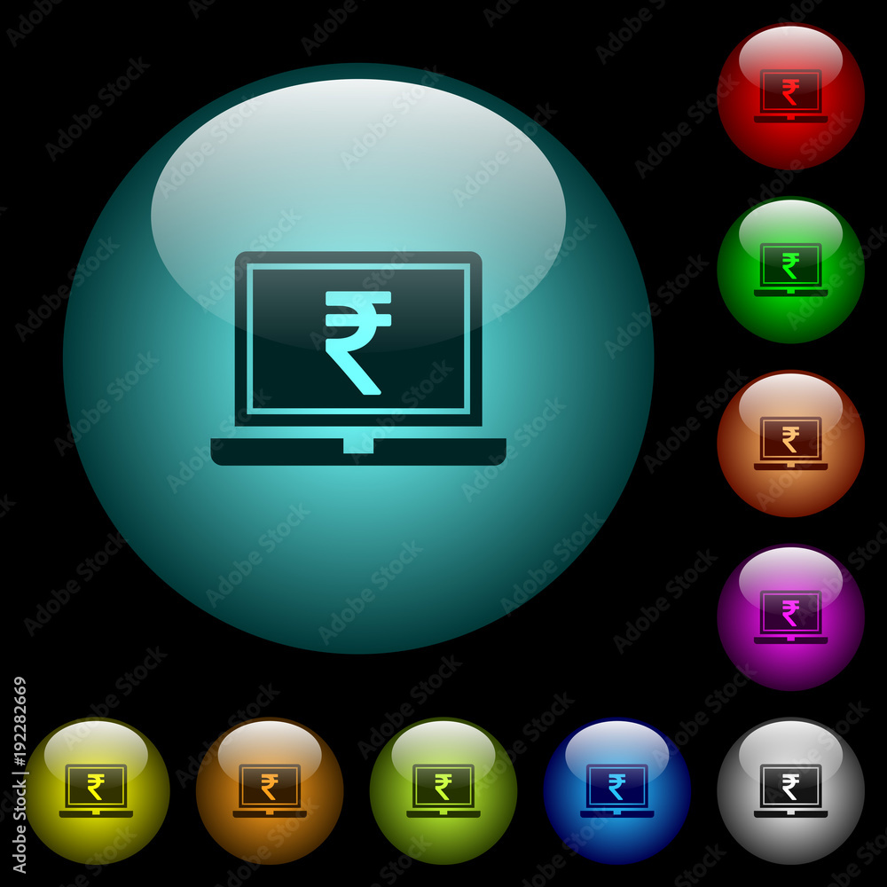 Poster laptop with rupee sign icons in color illuminated glass buttons