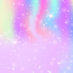 Naklejka na ściany i meble Magic background with rainbow mesh. Trendy universe banner in princess colors. Fantasy gradient backdrop with hologram. Holographic magic background with fairy sparkles, stars and blurs.