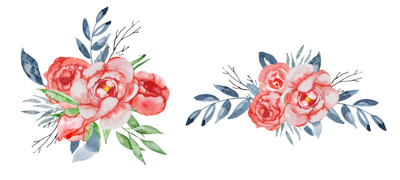 Peonies bouquets set Hand painted watercolor combination of Flowers and Leaves