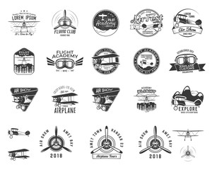 Vintage hand drawn old fly stamps. Travel or business airplane tour emblems. Biplane academy labels. Retro aerial badge isolated. Pilot school logos. Plane tee design, prints, web design. Stock vector © jeksonjs