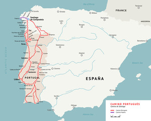 Camino Portugues map. Camino De Santiago or The Way of St. James. Ancient pilgrimage path from south of Portugal to the Santiago de Compostella.