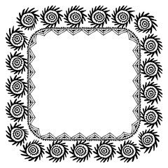 Symbol of the sun Beautiful card with native zigzag ornaments. Square frame for your text. Hand drawn banner template with ethnic aztec border. Black contour isolated on white background. Vector