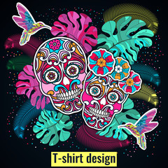 Embroidery colorful simplified ethnic featherl and skull pattern . Vector  traditional folk bone ornament on black background for design. boho chic