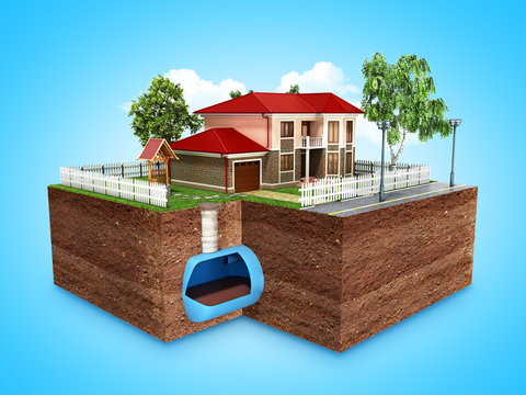 concept of Sewerage in a private house 3d render on blue