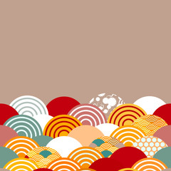 fish scales simple Nature background with japanese sakura flower, rosy pink Cherry, wave circle pattern blue orange red burgundy colors card banner design on brown background. Vector