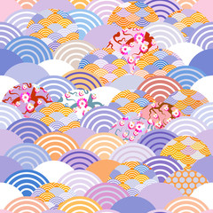 seamless pattern fish scales simple Nature background with japanese sakura flower, rosy pink Cherry, wave circle violet purple cobalt orange burgundy colors. Vector