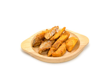 Fried banana fritters on with wood plate white background