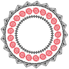 Beautiful card with native zigzag ornaments. Round frame mandala for your text. Hand drawn banner template with ethnic aztec border. Black red contour isolated on white background. Vector