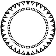 Beautiful card with native zigzag ornaments. Round frame mandala for your text. Hand drawn banner template with ethnic aztec border. Black contour isolated on white background. Vector