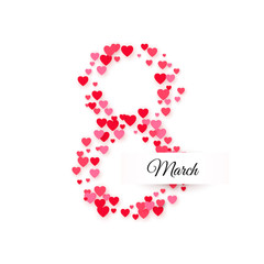 International women day. March 8 greeting  postcard. Eight is made of hearts with text label. Website banner concept. Vector illustration