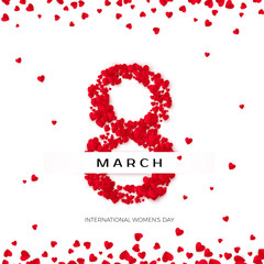 International Happy Women's Day celebration concept. Eight is lined with hearts on a white background decorated with scattered hearts. Vector illustration