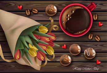 Tulip flowers bouquet and coffee cup Vector realistic illustrations. chocolates sweets decors