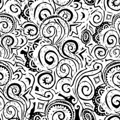 Doodle seamless pattern Indian ornamental. Hand drawn Grunge ethnic tribal decorated. White contour on Black background. for site, blog, fabric. Vector